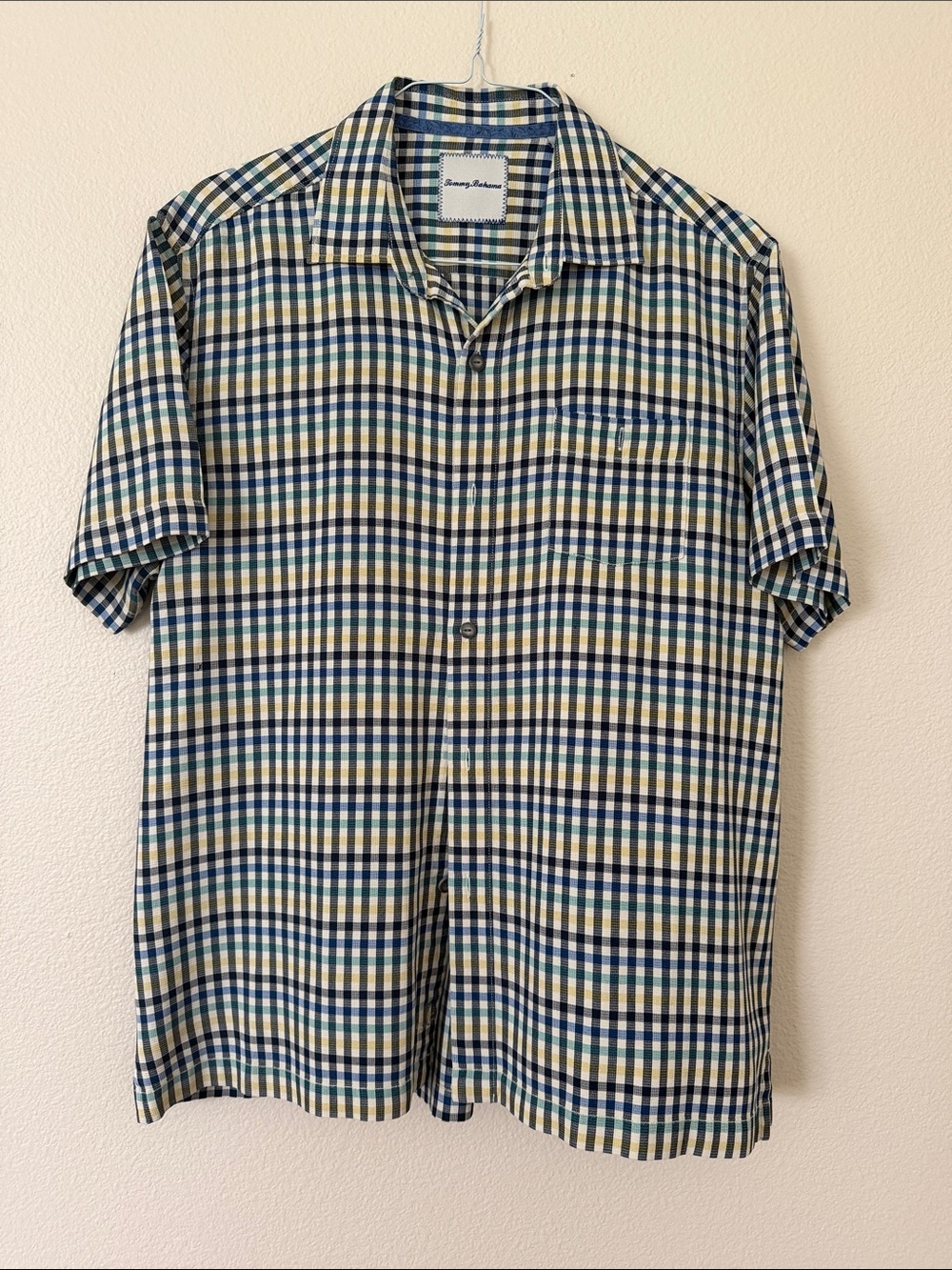 Tommy Bahama Silk Short-Sleeve Button-Up Plaid Shirt in Blue, Green and Cream LG